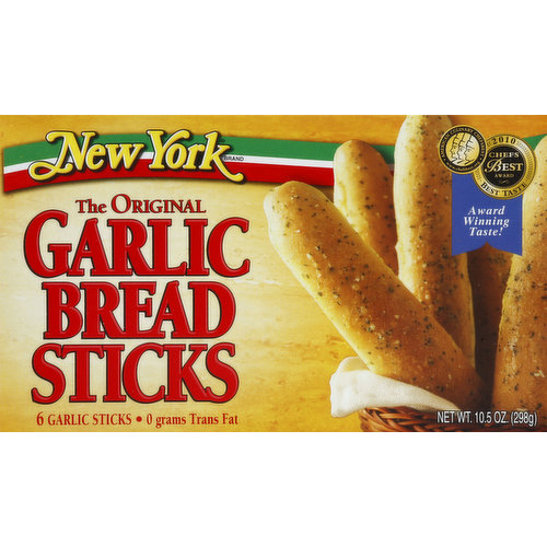 0 grams trans fat. 2010 Chefs Best Award: Best Taste. American Culinary ChefsBest. Award winning taste! The ChefsBest Award for Best Taste is awarded to the brand rated highest overall among leading brands by independent professional chefs. Why are New York brand Garlic Breadsticks the original? In 1920, the Penn Family moved their small bakery from New York to Ohio. After successfully selling frozen garlic bread under the New York brand name, someone suggested making individual garlic breadsticks. Our breadsticks are coated with our special garlic blend and topped with real, shredded Parmesan cheese. They'll melt in your mouth. Try them along side any of your favorite meals, soups or salads. Our competitors also discovered what great products they are. But don't be fooled! Ours is the Original and the best!