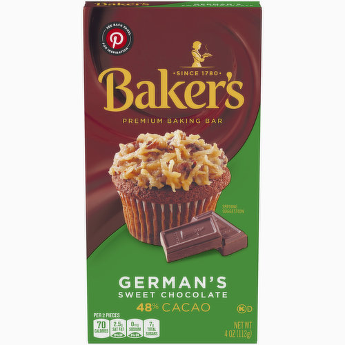 Baker's German's Sweet Chocolate Premium Baking Bar with 48% Cacao delivers quality you can trust. From America's favorite premium baking chocolate since 1780, this bar comes sweetened and ready to use in your favorite desserts. Made with a creamy blend of sugar, cocoa butter and 48% cacao, this sweet baking chocolate makes the perfect chocolate for baking with its smooth and mild flavor. Use it to whip up your favorite German chocolate cake recipe, or in your favorite rich, chocolate frosting recipe. The new scored bar snaps cleanly into 1/4 ounce pieces, so you can make small batches with the same precision as large recipes. The 4 ounce bar is wrapped allowing you to keep unused portions for your next baking session. Store it in a cool, dry spot in your pantry.