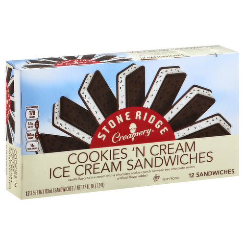 Contains milk, wheat, soy. Vanilla flavored ice cream with a chocolaty cookie crunch between two chocolate wafers. Artificial flavor added. Per 1 Sandwich: 170 calories; 3.5 g sat fat (18% DV); 140 mg sodium (65 DV); 14 g total sugars. At Stone Ridge Creamery we know that nothing compares to the enjoyment of your favorite ice cream treat. A warm breeze, some change in your hand, and the sound of the ice cream truck approaching can really take you back. Remember the excitement of running out to meet it and choosing a favorite sweet treat? Now, bring that feeling home to share with family and friends. Whether you prefer our ice cream sandwiches, bars or cones, we're sure you'll find a smile in every bite. At Stone Ride Creamery it's summer all year long. 100% quality guaranteed. Like it or let us make it right. That's our quality promise. superlavuprivatebrands.com Product of USA.