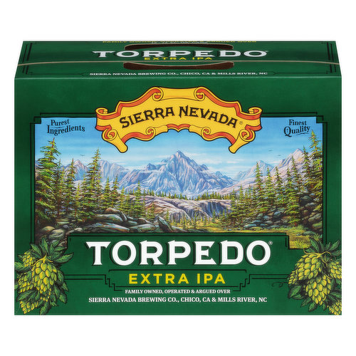 Purest quality. Finest quality. Family owned, operated & argued over. Torpedo Extra IPA owes its intensity to its namesake, the revolutionary Hop Torpedo. What started as a napkin sketch became a custom device to take hop flavor to the next level. Our Hop Torpedo collects essential oils and resins to spotlight the complex citrus, pine, and herbal character of whole-cone hops. www.sierranevada.com. Zero Waste Certified: U.S. zero waste business council. Please recycle. Alc. 7.2% by vol. 14.4