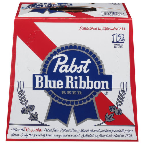 Established in Milwaukee 1844. This is the Original Pabst Blue Ribbon Beer nature's choicest products provide its project flavor. Only the finest of hope and grains are used. Selected as America's best in 1893. Since 1844. Glass bottles please recycle.