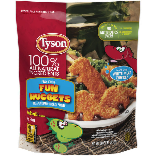 Made with chicken raised with no antibiotics ever and no fillers, added hormones or steroids, Tyson Fully Cooked Fun Chicken Nuggets are a delicious frozen entree addition to any meal. Tyson dinosaur shaped chicken nuggets are made with all natural* white meat chicken with no preservatives, then breaded with whole grain breading and seasoned to perfection. *Minimally processed, no artificial ingredients.