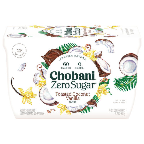 Chobani Yogurt, Zero Sugar, Toasted Coconut Vanilla Flavor