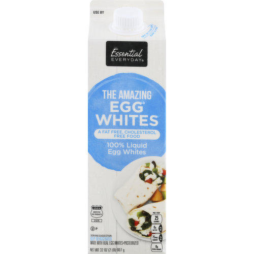 Per 3 Tbsp: 25 calories; 0 g sat fat (0% DV); 75 mg sodium (3% DV); 0 g total sugars. A fat free, cholesterol free food. The amazing egg whites. Made with real egg whites. Pasteurized. 100% quality guaranteed. Like it or let us make it right. That's our quality promise. 877-932-7948. essentialeveryday.com. USDA inspected egg products. essentialeveryday.com. For additional recipes, visit www.essentialeveryday.com. Product of USA.