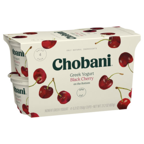 Chobani Yogurt, Non Fat, Greek, Black Cherry on the Bottom, Value 4 Pack