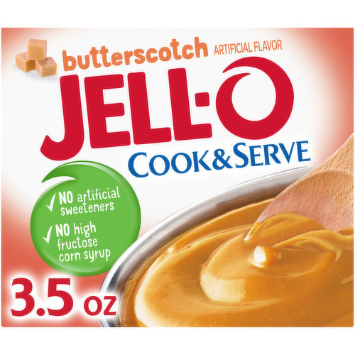 Jell-O Cook and Serve Butterscotch Pudding is an easy to make dessert. Perfect for any occasion that requires a quick and delicious dessert, this pudding delivers the classic sweet flavor and creamy texture you know and love. Butterscotch pudding with no high fructose corn syrup and no artificial sweeteners is a dessert you can feel good about. Enjoy this tasty butterscotch dessert on its own, or try using it as a rich, delicious crepe filling or to make a poke cake. This 3.5 ounce butterscotch pudding mix makes four 1/2-cup servings so you can make it for the whole family or save some for the next time you're craving a mouthwatering pudding dessert.