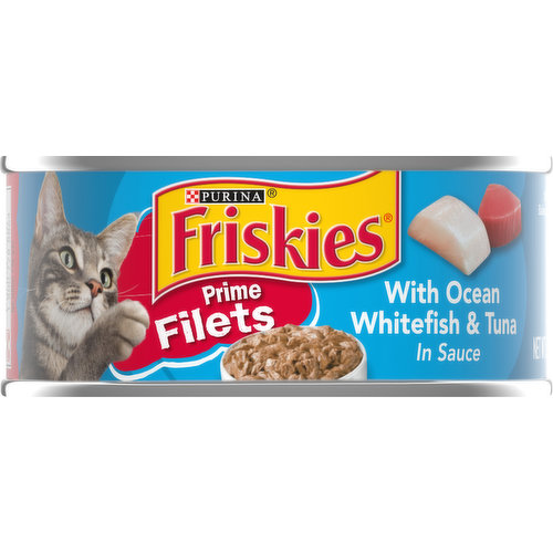 Calorie Content (calculated) (ME): 766 kcal/kg, 119 kcal/can. Purina Friskies Prime Filets With Ocean Whitefish & Tuna in Sauce formulated to meet the nutritional levels established by the AAFCO Cat Food Nutrient Profiles for growth of kittens and maintenance of adult cats. 100% complete & balanced nutrition for adult cats.  Purina.com. Please recycle. Printed in USA.