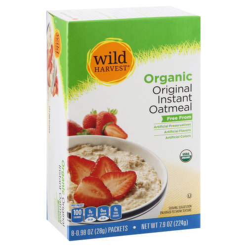 Per 1 Packet: 100 calories; 0 g sat fat (0% DV); 0 mg sodium (0% DV); 0 g total sugars. USDA Organic. Certified Organic by Quality Assurance International, Inc.  Heart Healthy: Three grams of soluble fiber from oatmeal daily in a diet low in saturated fat and cholesterol may reduce the risk of heart disease. One serving of this oatmeal supplies 1 gram of the 3 grams of beta-glucan soluble fiber necessary per day to have this effect. Live Free with Wild Harvest' Wild Harvest organics offer a complete selection of food products that are free from more than 140 undesirable ingredients. But we don't stop there, Wild Harvest organic products go one step further and are certified organic by the USDA's strict standards and are made only with high quality ingredients from growers and manufacturers who share our commitment to uncompromising quality at a great value.  100% Quality guaranteed. Like it or let us make it right. That's our quality promise. www.mywildharvest.com. To learn more about Wild Harvest products, including our full line of organic products, and for recipes, please visit www.mywildharvest.com.