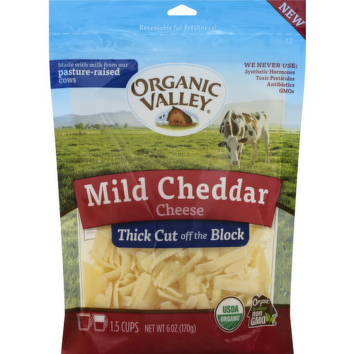 1.5 cups. USDA Organic. Oregon Tilth Certified Organic. Vegetarian: Made without animal rennet. Organic is always non GMO. New. We give our animals the greenest pastured and they give you delicious & nutritious cheese. Pasture-Raised with Love: Always starting with fresh Organic Valley Milk, our cheesemakers craft our award-winning mild cheddar in small batches to complement your own award-winning creations. From our Family to Yours: Like you, we care about how food is raised, how it tastes and how healthy it is for all living things. The Hoffners are one of many Organic Valley farm families across the US sustainably producing our milk. Bringing the good. Made with milk from our pasture-raised cows. We Never Use: synthetic hormones; toxic pesticides; antibiotics; GMO's. www.organicvalley.coop. how2recycle.info. Our cows are social and so are we! Facebook. Twitter. Instagram. Find an OV farm near you at organicvalley.coop/farmer. Resealable for freshness! Product of the USA.