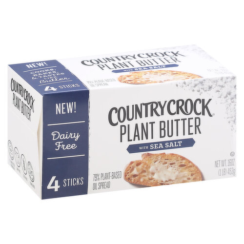Per Serving: Country Crock: 100 calories; 11 g fat; 5 g sat fat; 0 mg cholest. Per Serving: Dairy Butter: 100 calories; 11 g fat; 7 g sat fat; 30 mg cholest. Dairy Free. Gluten Free 25% less saturated fat than dairy butter. New! 79% plant-based oil spread. Cooks, bakes and tastes like butter. We crafted this delicious plant-based butter with sea salt. It cooks, bakes and tastes like butter. Even butter lovers love it. Great for all-purpose cooking and baking! Certified Plant-Based. www.countrycrock.com. how2recycle.info. For questions/comments, visit us at: countrycrock.com. For more information see countrycrock.com. Less than half CO2 footprint vs. dairy butter production. Country Crock is committed to sustainable palm oil. For more information see countrycrock.com.
