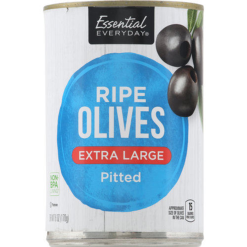 15 calories per 3 olives. Gluten free. Approximate size of olives in the can. Because olives are rich in olive oil, it may occasionally appear and solidify in the can and brine and on the olives. 100% Quality guaranteed. Like it or let us make it right. That’s our quality promise. 877.932.7948 essentialeveryday.com. www.essentialeveryday.com. For additional recipes, visit www.essentialeveryday.com. NON BPA Lining (Can liner not derived from bisphenol-a (BPA)). Please recycle. Product of USA.