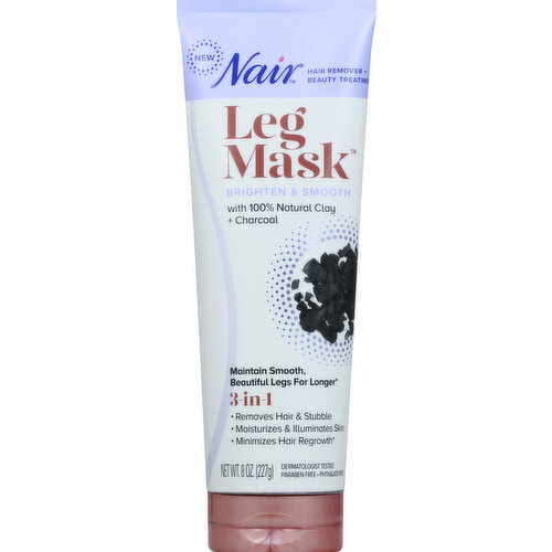 With 100% natural clay + charcoal. New. Hair remover + beauty treatment. Maintain smooth, beautiful legs for longer. (Vs. Shaving. Data on file). 3-in-1: Removes hair & stubble; Moisturizes & illuminates skin; Minimizes hair regrowth (Vs. Shaving. Data on file). Dermatologist tested. Paraben free. Phthalate free. Who says masks are only for your face? Not us! Give your legs the attention they deserve with this Hair Remover + Beauty Treatment. Nair Leg Mask gently removes hair & stubble while minimizing hair regrowth (Vs. Shaving. Data on file), leaving you with smooth, beautiful legs for longer (Vs. Shaving. Data on file). 100% Natural clay + charcoal help to moisturize and illuminate skin for legs that are touchably soft and radiant. Smooths. Beautifies. Minimizes regrowth. www.naircare.com. how2recycle.info. Call 1-800-248-8820 M-F 9AM-5PM ET.