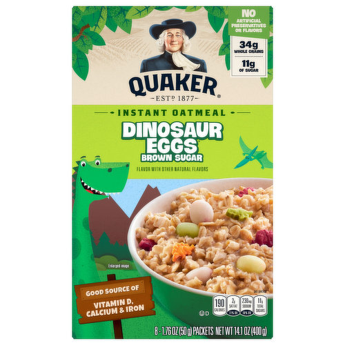 Flavor with other natural flavors. No artificial preservatives or flavors. 34 g whole grains. 11 g of sugar. Per Packet: 190 calories; 2 g sat fat (11% DV); 230 mg sodium (10% DV); 11 g total sugars. 50% Whole Grain: 34 g or more per serving. WholeGrainsCouncil.org. 50% or more of the grain is whole grain. Eat at least three one ounce equivalent (3 servings) of whole grains per day for fiber and overall health. Each oatmeal packet contains a one ounce equipment (1 serving) of whole grains. Good source of vitamin D, Calcium & iron. Estd. 1877. Find your way back to the nest! Start. Did you know? oats are a great way to get whole grains. This oatmeal has 34 g. Triceratops had anywhere between 400 and 800 teeth. Tyrannosaurus rex means Tyrant lizard. Quakeroats.com. how2recycle.info. Facebook. Twitter. For special offers, information & to join the conversation, visit: QuakerOats.com, Facebook.com/Quaker or (at)Quaker. SmartLabel: Scan here for more food information or call 1-800-555-6287. We're here to help Quakeroats.com or 800.555.6287. Please have package available when calling.