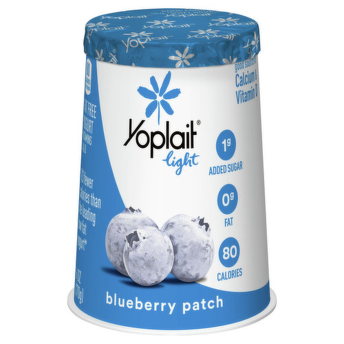 80 calories per serving. 1 g added sugar. 0 g fat. 80 calories. Fat free. Gluten free. Good source of calcium & vitamin D. Vitamins A & D. 1/3 fewer calories than the leading low fat yogurt (Yoplait Light: 90 calories; 0 g fat. Leading Low Fat Yogurt: 150 calories; 2 g fat per 6 oz). No high fructose corn syrup. Contains bioengineered food ingredients. Learn more at Ask.GeneralMillks.com. With live and active cultures. yoplait.com. Comments? Save cup, lid and call 1-800-967-5248 or visit Yoplait.com. Crush cups to protect wildlife.