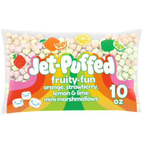 Jet-Puffed Fruity Fun Miniature Marshmallows are a delicious and versatile dessert topping. Our colored miniature marshmallows deliver the sweet taste and fluffy texture you know from Jet-Puffed with orange, strawberry, lemon and lime flavors. With zero grams of trans fat and total fat per serving, our colored miniature marshmallows make a great fat-free snack. They’re also a fun addition to your favorite marshmallow dessert recipes. Try using our mini colored marshmallows to make a tropical ambrosia salad or a fruity rice cereal marshmallow treat. You can even enjoy them on their own whenever a craving hits. Our bite sized marshmallows come packaged in a sealed 10-ounce bag.