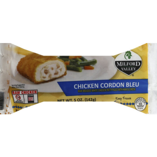 Raw breaded white chicken patty filled with ham & cheese. Raw Chicken: Do not microwave. Oven bake only. Inspected for wholesomeness by US Department of Agriculture. www.milfordvalley.com. Coupons. Products. Recipes.