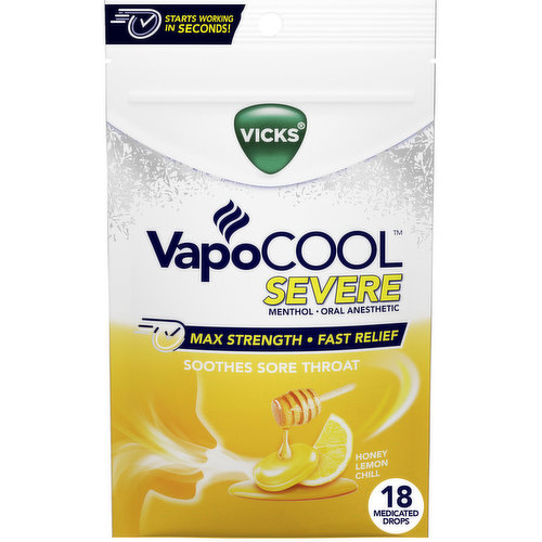 Vicks Severe Vicks VapoCOOL SEVERE Medicated Sore Throat Drops, Honey Lemon Chill Flavor, 18ct