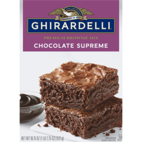 What do you get when you add delicious, velvety chocolate syrup to the perfect brownie? Ultra-rich, moist and chewy brownie perfection. The luxuriously deep flavor and smooth texture of GHIRARDELLI premium cocoa is the secret to our mouthwatering premium mixes. Each order contains one 18.75-ounce box.