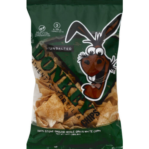 100% stone ground whole grain white corn. Gluten free. No artificial colors, flavors or preservatives. 3 simple ingredients. Donkey Unsalted Tortilla Chips are make from whole grain white corn and produced using only 3 simple ingredients. Prepared the traditional way, our chips start from whole kernel white corn that is stone ground to produce authentic tortillas - which we then cut, cook, season and package fresh. No artificial colors, flavors or preservatives. Gluten free. No trans fats. No cholesterol. 3 simple ingredients. 100% pure corn oil. 100% stone ground whole grain white corn. For More Information: Visit us on the web at: www.donkey-brands.com. Become a fan on Facebook: Find us on Facebook.