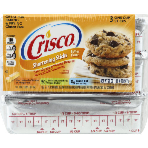 3 one cup sticks. Naturally and artificially flavored. Great for baking & frying. Gluten free. Per 1 Tbsp: 110 calories; 3.5 g sat fat (16% DV); 0 mg sodium (0% DV); 0 g total sugars. Use instead of butter or margarine. See directions for use. 50% less saturated fat than butter. 12 g fat per serving. 0 g trans fat per serving. See nutrition information for fat and saturated fat content. Questions? Call toll-free 1-800-766-7309. Use for baking & frying. Perfect for all your favorite recipes: cookies; cakes; frosting; biscuits; frying. Visit crisco.com for other great Crisco favorites. Recipes inside. Excellent source of ALA omega-3 fatty acid. Contains 710 mg of ALA per serving, which is 44% of the 1.6 g daily value for ALA. Crisco Shortening: 3.5 g saturated fat per tablespoon. Butter: 7 g saturated fat per tablespoon. Crisco Shortening contains 12 g total fat per serving.