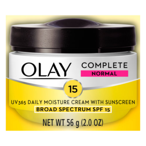 UV365 daily moisturizer with sunscreen. What it does: Helps prevent premature skin damage with broad spectrum SPF UVA/UVB sunscreen; conditions skin surface with vitamins E & C to maintain healthy-looking skin; provides 8 hours of hydration; result - healthy-looking, beautiful skin. Oil-free. 48 hours of hydration. Light, non-greasy formula. Dermatologically tested. Non-comedogenic (won't clog pores). Skin Cancer Foundation: Recommended daily use. olay.com. www.pg.com. For your personalized skin assessment and regimen recommendation, visit ww.skinadvisor.olay.com/ on your mobile device.
