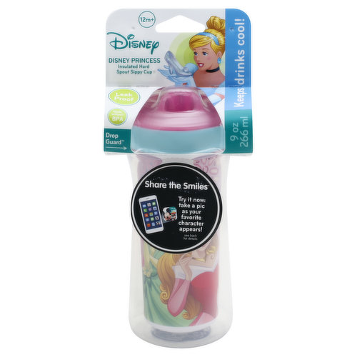 12 m+. 9 oz (266 ml). Drop guard. Made without BPA. Leak proof. Easy to clean: Dishwasher safe. Bite-resistant hard spout helps child get used to sipping from an open cup. Keeps drink cool! Share the smiles. Try it now: Take a pic as your favorite character appears! Share the smiles! It's Easy as 1-2-3! 1. Download the ShareTheSmiles app. 2. Use app to scan graphic on bottom of cup. 3. Watch your favorite character magically appear! Available for download on Google Play and the App Store. Styles and colors may vary. Discover the magic on DisneyBaby.com. Thefirsyears.com. Made in China.