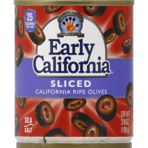 25 calories per 2 tbsp. Sea salt. Fun at your fingertips! Conveniently prepared, Early California sliced olives are the perfect addition to any of your favorite dishes. So enjoy and have fun! Guaranteed quality.