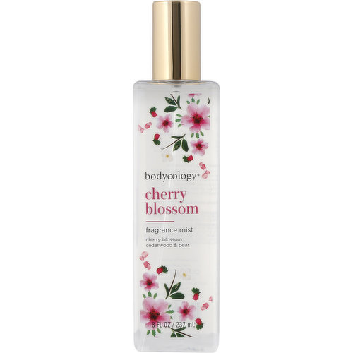 Cherry blossom, cedarwood & pear. lushing cherry blossom blooms to produce a blissful and radiant scent. Paraben & phthalate free. www.bodycology.com. Questions? Call: 800-887-2738. Not tested on animals. Made in China.
