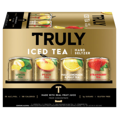 Truly Iced Tea Hard Seltzer combines refreshing hard seltzer with real brewed tea and fruit flavor for a uniquely delicious, bubbly drink. Try all four flavors in the Truly Iced Tea Mix Pack: Lemon Tea, Raspberry Tea, Peach Tea, and Strawberry Tea. Each 12oz. can of Truly Iced Tea has 5% ABV with only 100 calories and 1g sugars for refreshment that won’t weigh you down. 5% ABV. Three 12 oz. cans of each flavor per pack.