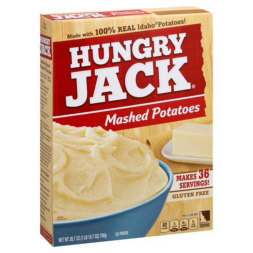 Per 1/3 Cup Dry: 80 calories; 0 g sat fat (0% DV); 10 mg sodium (0% DV); 0 g total sugars. The potatoes made with the reduced-fat directions contain 50% less fat than the regular directions: Reduced-Fat Directions: 3 g fat per serving. Regular Directions: 6 g fat per serving. Gluten free. Made with 100% real Idaho potatoes. For over 70 years Hungry Jack has been working hard to give you easy ways to enjoy simple, delicious meals that satisfy. There's no frills or fuss, just the great taste of hearty meals that turn out right every time. So pull up a chair and dig into delicious. This package is sold by weight not by volume. Some settling of contents may have occurred during shipment and handling. Idaho and Grown in Idaho Seal are Certification marks of Idaho Potato Commission. hungryjackpotatoes.com. Find us online: Facebook: /hungryjack. Twitter: (at)hgryjkpotatoes. YouTube: Hungry Jack Potatoes. Pinterest: /hjpotatoes. Questions / Comments?: 1-888-247-9477. Monday-Thursday 8am-6pm, Friday 8am-5pm (CST). Visit hungryjackpotatoes.com. Visit hungryjackpotatoes.com for more delicious inspiration! Made with 35% recycled fiber. Grown in Idaho.
