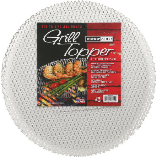 For grilling all things! Expanded aluminum topper grills food evenly and is sturdier than foil. Great for grilling meats, fish, seafood and vegetables. Helps keep food from falling into grill easy cleanup: keeps grill-grate cleaner. Perfect for camping and tailgating. For grilling all things! Expanded aluminum topper grills food evenly and is sturdier than foil. Great for grilling meats, fish, seafood and vegetables. Helps keep food from falling into grill easy cleanup: keeps grill-grate cleaner. Dispose of/recycle after use. Perfect for camping and tailgating.Congratulations & thank you For choosing the original, 100% recyclable disposable Grilltopper from oscarware! Disposable Grilltoppers from Oscarware are hand-crafted from prime expanded-aluminum right here in the USA! Whether you're new to disposable Grilltoppers or you wouldn't dream of grilling without them, we hope your outdoor cooking experience is delicious! Expanded aluminum surface grills food evenly and is sturdier than foil! Great for grilling meats, seafood, veggies, burgers and most anything you can think of! Perfect for camping and tailgating! Keeps food from falling into grill! Easy cleanup: Keeps your grill-grate cleaner! Use until it wears out, then recycle! www.oscarwareinc.com. Toll Free: 1-888-672-2797. Fax: (270) 531-2859. To see all of our American-made products, please visit www.oscarwareinc.com or use your smart phone to scan the QR code. WBENC: Certified Women's Business Enterprise. Dispose of/recycle after use. 100% recyclable. Made in the USA.