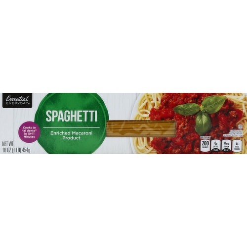 Enriched macaroni product. Cooks to al dente in 10-11 minutes. Per 2 oz Dry: 200 calories; 0 g sat fat (0% DV); 0 mg sodium (0% DV); 2 g total sugars. 100% quality guaranteed. Like it or let use make it right. That's our quality promise. 877-932-7948. essentialeveryday.com. 100% recycled paperboard.
