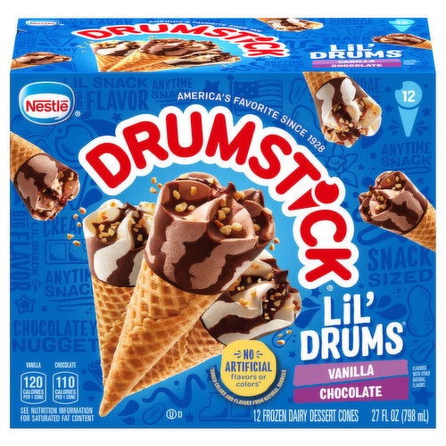 Drumstick Lil' Drums Frozen Dairy Dessert Cones, Vanilla/Chocolate, Lil' Drums