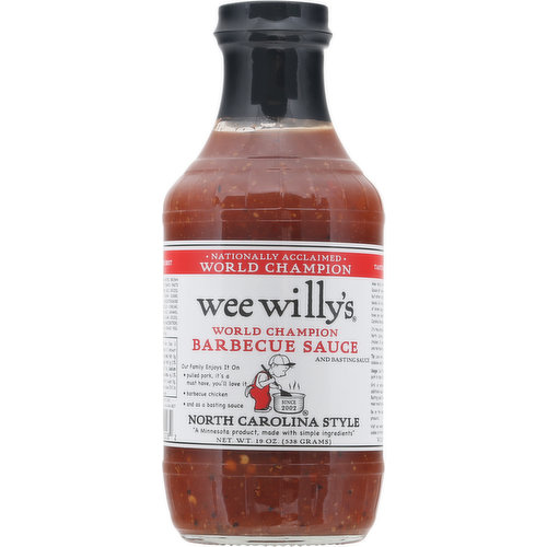 Nationally acclaimed. World champion. Our family enjoys it on: Pulled pork, it’s a must have, you’ll love it. Barbecue chicken.  And as a basting sauce. A minnesota product, made with simple ingredients. Since 2002. World champion Barbecue sauce and basting sauce. Since 2002. Simple, the best. Wee Willy's North Carolina Style Barbecue Sauce isn't sweet, like most barbecue sauces, but rather a tangy and peppery vinegar based sauce. Our unique blend of spices with a pinch of brown sugar, and a dollop of tomato will have you hankering for its authentic North Carolina Barbecue flavor. It's the ultimate barbecue sauce for authentic North Carolina pulled pork and barbecue chicken. It's equally tasty as a basting sauce and marinade for pork, beef, and chicken. weewillys.com. Visit our website for tasty recipe ideas and oodles of information. weewillys.com. Be on the lookout for all of our fabulous products.