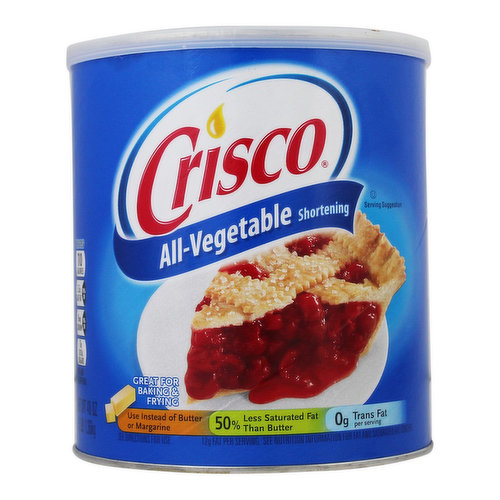 0 g trans fat per serving. 12 g fat per serving. Per 1 Tbsp: 110 calories; 3.5 g sat fat (16% DV); 0 mg sodium (0% DV); 0 g total sugars. 50% Less Saturated Fat than Butter: Crisco Shortening: 3.5 saturated fat per tablespoon. Butter: 7 g saturated fat per tablespoon. Crisco Shortening contains 12 g total fat per serving. Gluten free. 50% less saturated fat than butter. Excellent source of ALA omega-3 fatty acid. Contains 710 mg or ALA per serving, Which is 44% of the 1.6g daily value for ALA. See nutrition information for fat and saturated fat content. Not a low calories food. Great for baking & frying. Use instead of butter or margarine. See direction for use. Crisco is cooking. Use for baking and frying. crisco.com. Question? Comment? 1-800-766-7309. crisco.com.