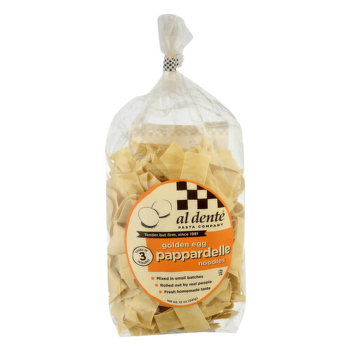 Cooks in 3 minutes. Mixed in small batches. Rolled out by real people. Fresh homemade taste. Tender but firm, since 1981. In Italian, pappare means to gobble and that's what I predict you'll be doing with our Pappardelle Pasta. Each super wide, delectable noodle is made to hold the robust flavor of a ragu, stew or chunky veggie sauce. Tender but firm - in Just 3 minutest Enjoy In good health, Monique. www.aldentepasta.com. For info, gifts and recipes visit us at www.aldentepasta.com. Made in the USA.