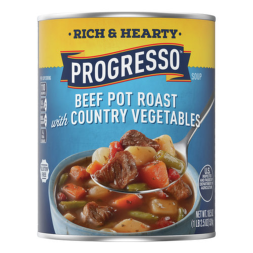 Progresso Rich & Hearty Beef Pot Roast with Country Vegetables Soup is loaded with tender chunks of homestyle pot roast and savory vegetables for a soup that tastes more like a stew. Serve it in minutes with a toasted sandwich or fresh bread. Our beef pot roast soup contains no artificial flavors and is gluten free. Enjoy the hearty, savory satisfaction of a classic Progresso canned soup. Heat it up on the stove or in the microwave for hot soup in under 5 minutes.
At Progresso, we’re passionate about making great products. We've been creating premium soups for more than 100 years. And today, Progresso still uses quality ingredients for a tasteful flavor found only in our line of canned soup products.
