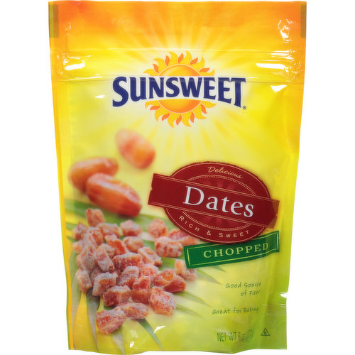 Good source of fiber. Delicious rich & sweet. Great for baking. Full of rich flavor; who would have thought these plump moist morsels are from the desert? They get their lusciousness from the majestic date palms. we hand-pick each naturally sweetened fruit - pure desert decadence. dates are delicious. Chopped dates: variety is the spice of life and these guys do it all - add dates to your meat and poultry dishes, grains and salads, baked goods, or enjoy as a yummy everyday snack. This dates may contain an occasional pit or partial pit. Naturally sourced so size, volume and nutrition values may vary. Sold by weight. 1-3/4 C. Fruits & veggies more matters. For recipes and more great ways to enjoy sunsweet chopped dates visit us online. For questions or comments, call: 1-800-417-2253, 9am - 6pm EST, Mon-Fri. Please recycle. Product of USA, Algeria & Tunisia.