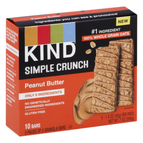 7 g fat per pack. All ingredients are gluten free and non-genetically engineered. Gluten free. Low sodium. Good source of fiber. No genetically engineered ingredients. 5 packs of 2 granola bars. New. No. 1 ingredient 100% whole grain oats. Simple crunch. Only 8 ingredients. Ingredients you can see & pronounce. Welcome to the Kind community! Here at Kind, we think a little bit differently. Instead of or we say and. We choose healthy and tasty, convenient and wholesome, economically sustainable and socially impactful. From the snacks and food we make, to the way we work, live, and give back, our goal is to make Kind not just a brand, but also a state of mind and community to make the world a little kinder. Kindly yours, Daniel Lubetzky, Kind Founder. Real ingredients meet the perfect crunch - that's what you get from our Kind Simple Crunch Peanut Butter bar. Made with only 8 ingredients like gluten free, 100% whole grain oats, diced peanuts, and real, creamy peanut butter, it might not just be the ideal snack. Do the kind thing for your body, your taste buds & your world. kindsnacks.com. Tell us your favorites & join the conversation: kindsnacks.com. Instagram. Twitter. Facebook. (at)kindsnacks. Learn more at kindsnacks.com. Made with 100% recycled content (70% post-consumer). Recycle this carton. FSC: Recycled - Packaging. Made in USA with domestic and imported ingredients.