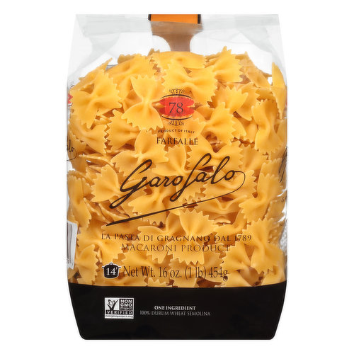 Vegan. International v-label.org.  Non GMO Project verified. nongmoproject.org. Macaroni product. One Ingredient: 100% durum wheat semolina. We have made our pasta for over 200 years. We believe that every pasta shape has its own personality: type of mold, drying time and temperature. We choose slow drying and at low temperatures to achieve a unique flavor and a remarkable taste. www.pastagarofalo.it. Customer service USA: 800-237-2277. Product of Italy.
