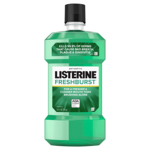 Protect your mouth from germs and get fresh breath with Listerine Freshburst Antiseptic Mouthwash for bad breath. It kills 99.9% of germs that cause bad breath, plaque, and gingivitis for a fresher and cleaner mouth than brushing alone. Clinically shown to reduce 52 percent more plaque and 21 percent more gingivitis than brushing and flossing alone, this antiseptic mouthwash provides a deep clean that cares for your whole mouth. Listerine Freshburst Mouthwash is a recipient of the ADA Seal of Acceptance for fighting, preventing, and reducing plaque and gingivitis. The great-tasting Freshburst spearmint flavor of this antiseptic mouthwash leaves your mouth feeling clean and fresh. Achieve maximum results by rinsing with this refreshing oral rinse for 30 seconds twice a day, both morning and night, for 24-hour germ protection.