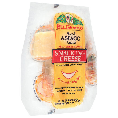 Classic Italian cheeses. Fresh asiago fresco. Mild, sweet flavor. A smile with every bite. rBST free (No significant difference has been found in milk from cows treated with artificial hormones). All natural. Aged over 60 days.
