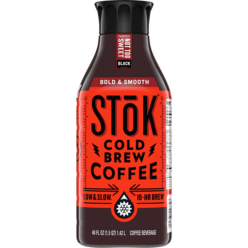 Approximately 130 mg caffeine per 12 oz serving. Bold & smooth. Low & slow. 10-hr brew. Geeked out and caffeinated. That's us. We get all fired up on coffee method and craft. And even though it's not rocket science, there's enough experimentation behind our cold brew to drive normal people crazy. Because that's how we like it. Good enough is never good enough. Curiosity is our forged-steel tool. Better is always out there, waiting to be created. We're on it. Time & patience, not heat. Hot brewing forces flavor from the bean. We do it low & slow brewing at lower temperatures and steeping for 10 slow hours to dial-in the unmistakably Stok taste that's bold and smooth, never bitter. Not too sweet. We've got nothing against a little sweetness. But when you taste Stok, you taste coffee. Really amazing coffee. And that's on purpose. www.SToKBrew.com. how2recycle.info. Rainforest Alliance. People & nature. Rainforest Alliance. People & nature. More beans. We brew our rainforest alliance certified Arabica beans using a higher ratio of coffee to water than typical hot brewing.