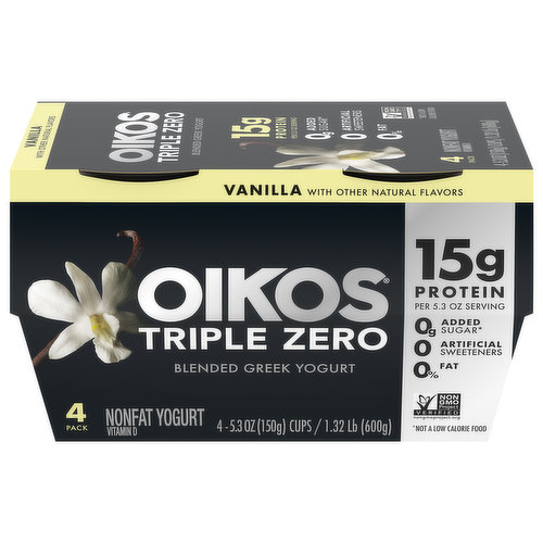 Oikos Triple Zero Yogurt, Greek, Vanilla, Blended, 4 Pack