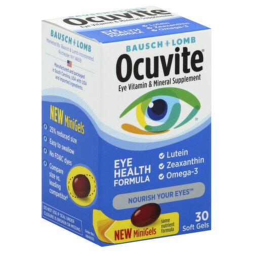 Eye Vitamin & Mineral Supplement. New. Lutein. Zeaxanthin. Omega-3. Nourish your eyes. Same nutrient formula. Ingredients with a purpose. Key Eye Nutrients: Lutein/Zeaxanthin - Helps filter harmful blue light; Omega-3 - Helps maintain healthy tears & healthy retina; Zinc - Supports healthy immune function; Vitamins C & E - Antioxidants key to eye health. Bausch & Lomb No. 1 in eye vitamins (data on file). 25% reduced size. Easy to swallow. No FD&C dyes. Compare size vs leading competitor (data on file). Questions/Comments? Call 1-800-553-5340. (These statements have not been evaluated by the Food and Drug Administration. This product is not intended to diagnose, treat, cure or prevent any disease.) Manufactured and packaged in South Carolina, USA with USA and imported ingredients.