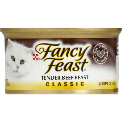 100% complete & balanced. Aluminum. Recyclable. Fancy Feast Classic Tender Beef Feast is formulated to meet the nutritional levels established by the AAFCO Cat Food Nutrient Profiles for all life stages. Calorie content (calculated) 1083 kcal/kg 92 kcal/can. Purina.com. Printed in USA.