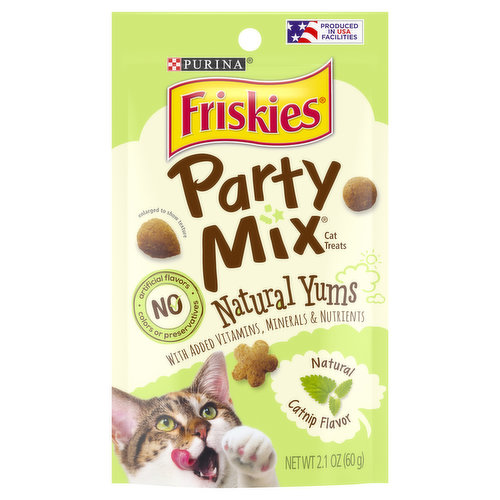 Calorie Content (Calculated)(ME): 3980 kcal/kg, 1.2 kcal/piece. Friskies Party Mix Natural Yums Natural Catnip Flavor is formulated to meet the nutritional levels established by the AAFCO Cat Food Nutrient Profiles for maintenance of adult cats. Natural yums with added vitamins, minerals & nutrients. No artificial flavors colors or preservatives. Party mix has gone. Time to get Friskies. Complete & balanced for adult cats. Helps clean teeth. Crunchy. Purina.com. Friskies.com/treats. Produced in USA facilities. Printed in USA.