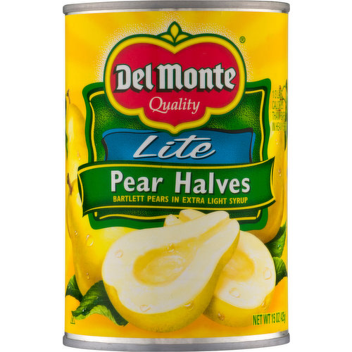 Barlett pears in extra light syrup. Lite Pears in Extra Light Syrup 60 calories per serving; Pears in Heavy Syrup 100 calories per serving. Fat-free food. 1/3 less calories than pears in heavy syrup. No preservatives. Picked and packed at the peak of ripeness. www.delmonte.com. Find great recipes at www.delmonte.com. Questions or comments? Call 1-800-543-3090 (Mon.-Fri.) Please provide code information from the end of can when calling or writing. Please recycle. Product of U.S.A.