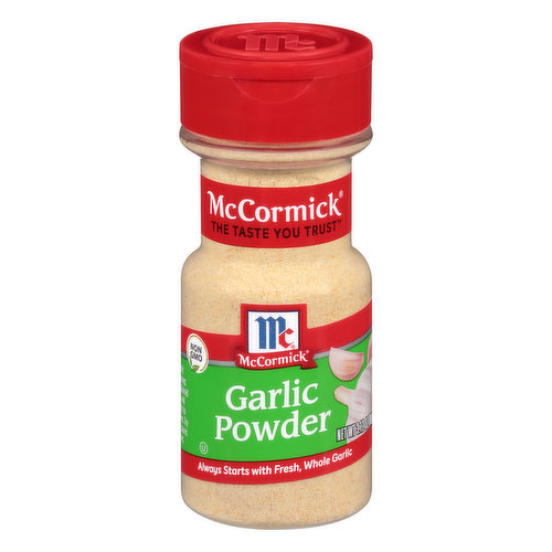 Non GMO. The taste you trust. Always starts with fresh, whole garlic. Our garlic powder brings smooth, balanced warmth and complexity to savory dishes. Try it in rubs, sauces and stews. mccormick.com. Flavor maker get app. Scan. Explore. SmartLabel. Questions? Call 1-800-632-5847. For recipes, visit mccormick.com. Packed in USA.