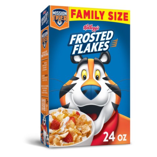 Just like Tony the Tiger, your whole family can get even their busiest days going with Kellogg's Frosted Flakes ready-to-eat breakfast cereal. Thanks to the toasty, crunchy corn flakes sprinkled with sweet frosting, adults and kids experience a tasty and satisfying bowl every time. Each serving of this cereal is fat free and a good source of 8 vitamins and minerals. Plus, there are no artificial colors or flavors; enjoy a bowl of Kellogg's Frosted Flakes with your favorite dairy or nut milk. Eat pawfuls as a snack or late-night bite. Make it a sweet complement to your morning coffee or tea. Crush them up as a crunchy topping for ice cream. Kellogg's Frosted Flakes cereal gives you the sweet spark to go all in and let your GR-R-REAT out.